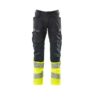 Mascot Accelerate Safe Trousers with Kneepad Pockets - Dark Navy/Hi-Vis Yellow   (46.5) (Leg Length - Long)