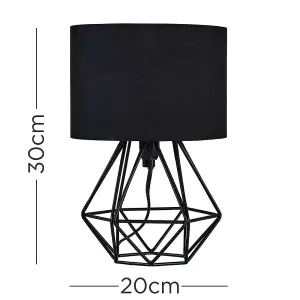 ValueLights Angus Modern Small Satin Black Metal Basket Cage Table Lamp with Black Fabric Shade