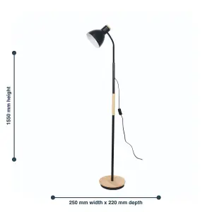 First Choice Lighting Clark Black with Wood Detail Flexi Arm Reading Floor Lamp