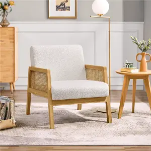 Yaheetech Ivory Boucle Upholstered Accent Chair with Rattan Sides and Rubberwood Legs