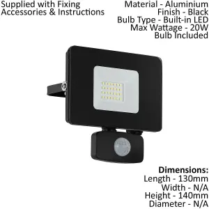 IP44 Outdoor Flood Light & PIR Sensor Black Aluminium 20W Built in LED