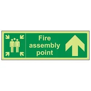 Fire Assembly Point Arrow UP Safety Sign - Glow in the Dark - 600x200mm (x3)