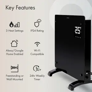 WiFi Smart Electric Glass Panel Heater 2500W Wall Mounted Or Free Standing Black