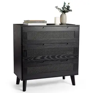 Spinningfield Black Rattan Chest of Drawers, 2 Drawers Clothes Dresser, Bedroom Drawers w/ Cane Fronted Drawers, Clothes Cabinet