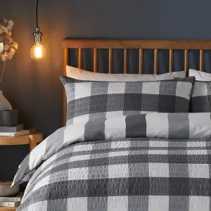 Seersucker Gingham Check Charcoal Brushed Duvet Cover Set