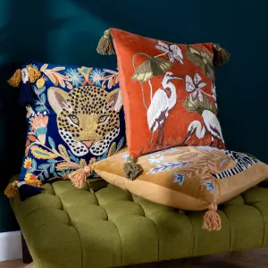 Wylder White Tiger Embroidered Tasselled Feather Filled Cushion