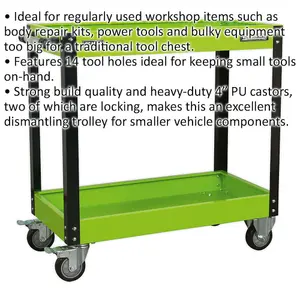 Heavy Duty 2 Level Workshop Trolley with Locking Castors - 80kg Capacity per Shelf - Green