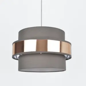 First Choice Lighting Easy Fit 2 Tier Grey Fabric & Brushed Copper Plated Banded Ceiling Shade