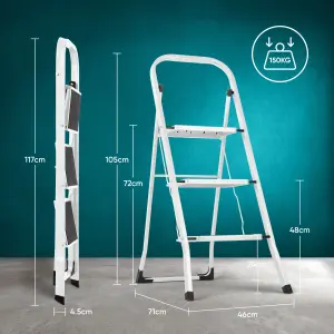 3 Step Ladder Portable Compact Folding Metal Non Slip Stool Heavy Duty Steel - White & Black