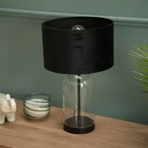 ValueLights Jessy Glass and Black Metal Bedside Table Lamp with a Black Velvet Lampshade - Bulb Included