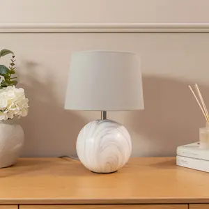 ValueLights Connie Marble Effect Ceramic Table Lamp with a Grey Fabric Shade Bedroom Bedside Light