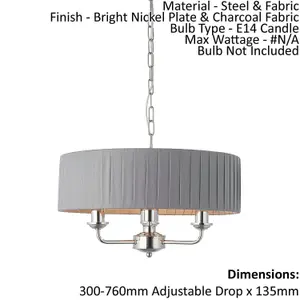 Ceiling Pendant Light - Bright Nickel & Charcoal Fabric - 3 x 40W E14 - e10234