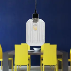 First Choice Lighting Batley Clear Ribbed Glass with Black Pendant Fitting