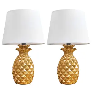 ValueLights Pair Of Contemporary Pineapple Design Gold Effect Table Lamps With White Shades