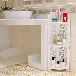 3 Tier Freestanding Corner Bathroom Shelf Carved Shower Storage Organizer Display Rack Shelving Unit White