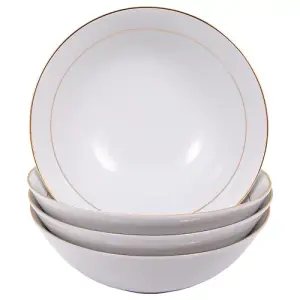 Set of 4 Durable White Ceramic Dinner Bowls with Dual Shiny Gold Plated Rims