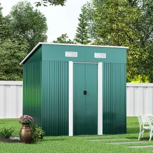 6 x 4 ft Pent Metal Garden Storage Shed Outdoor Storage Tool Shed with Base, Dark Green