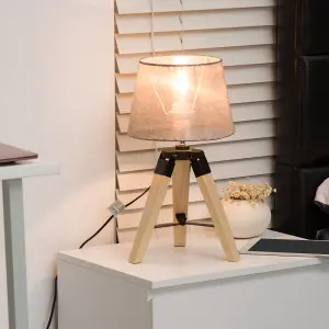 HOMCOM Wooden Tripod Table Lamp for Side, Desk or End Tables with E27 Bulb Base(Grey Shade)