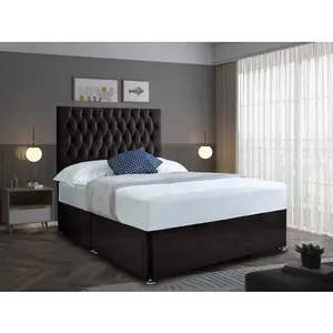 Jemma Divan Bed Set with Headboard and Mattress - Plush Fabric, Black Color, 2 Drawers Right Side