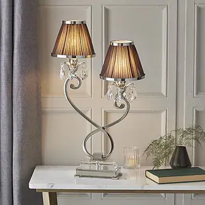 Luminosa Oksana 2 Light Twin Table Lamp Polished Nickel Plate with Chocolate Shades, E14