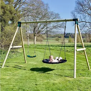 Rebo Wooden Garden Swing Set with Standard and Large Nest Swings - Meteorite Green