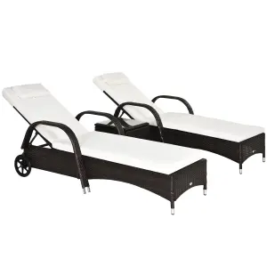 Outsunny 3 PCS Rattan Lounger Recliner Bed Garden Furniture Set with Side Table Brown