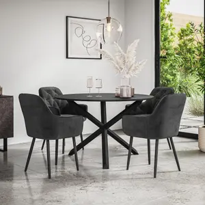 Malvern Round Dining Table And Chairs -  Black Table Top w Solid Black Oak Legs + Anika Velvet Dining Chair Set Of 4 (Black)