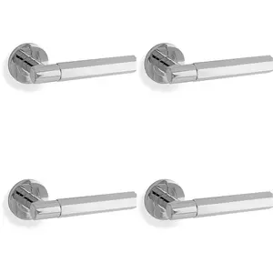 4 PACK - SOLID BRASS Hex Door Handle Set - Polished Chrome Industrial Lever Round Rose