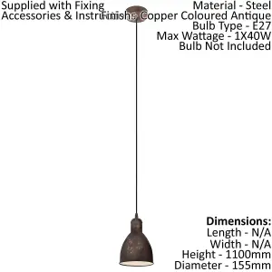 Hanging Ceiling Pendant Light Antique Copper Shade 1 x 40W E27 Bulb Feature