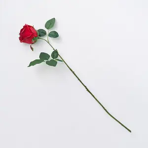 Bloom Artificial Single Half Open Red Rose Stem - Faux Fake Lifelike Realistic Flower Indoor Home Decoration - Measures L60cm