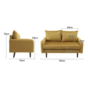 Double Sofa 2-Seat Velvet Upholstered Sofa for Living Room Flaxen 141 x 76 x 73cm