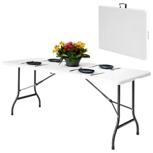 Folding Table White 180cm Surface - Sturdy Steel Frame Trestle Table, Powder Coated Foldable Table - Camping Table for 6 Person