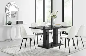 Imperia Black High Gloss 6 Seater Dining Table with Structural 2 Plinth Column Legs 6 White Faux Leather Black Leg Corona Chairs