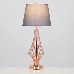 ValueLights Jaspa Copper Metal Wire Geometric Diamond Design Table Lamp with Grey Tapered Shade with 6w LED GLS Bulb In Warm White