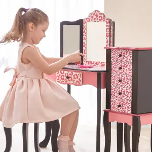 Teamson Kids Dressing Table, Play Vanity Set with Mirror & Stool - Pink/Black/Leopard Print