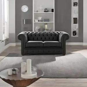 Chesterfield 2 Seater Shelly Black Real Leather Sofa Settee Bespoke In Classic Style