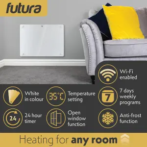 Futura Electric 1000W WIFI Glass Radiator Panel Heater White Wall Mounted or Floor Standing Bathroom Safe Timer and Thermostat