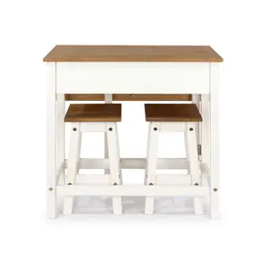 Corona breakfast drop leaf table & 2 stools set, white waxed pine