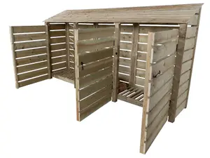 Slatted wooden log store with door W-335cm, H-180cm, D-88cm - natural (light green) finish