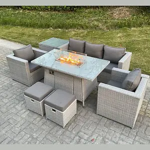 Kensington 7 Seater Rattan Garden Furniture Set with Fire Pit