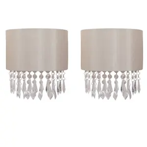 First Choice Lighting Set of 2 Jewelled Pale Gold Fabric Wall Lights With Clear Beaded Crystal Style Strings