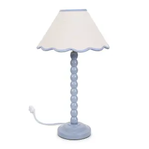 ValueLights Bobbles Powder Blue Bobbin Table Lamp with Blue Trim Scallop Shade - LED Bulb Included