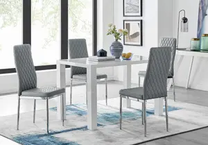 Pivero White High Gloss Dining Table and 4 Elephant Grey Milan Chairs Set