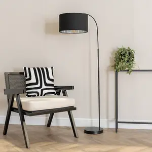 ValueLights Curva Black Arched Floor Lamp with Black Velvet & Chrome Inner Lamp Shade & Bulb