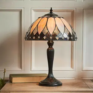 Tiffany Glass Table Lamp Light Dark Bronze & Rich Cream Art Deco Shade i00179