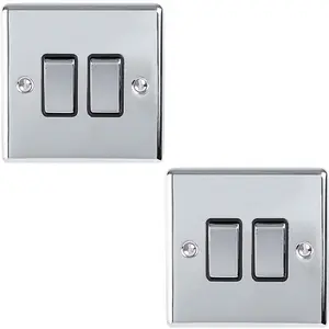 2 PACK 2 Gang Double Metal Light Switch POLISHED CHROME 2 Way 10A Black Trim