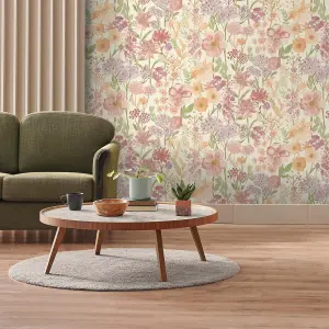 Wildflowers Cream & Red Floral Meadow Wallpaper A61603