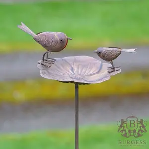 Robin on Flower Bird Feeder Bath Outdoor Metal Garden Ornament