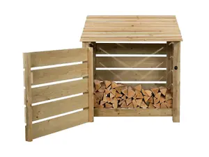 Slatted wooden log store with door W-119cm, H-126cm, D-88cm - natural (light green) finish