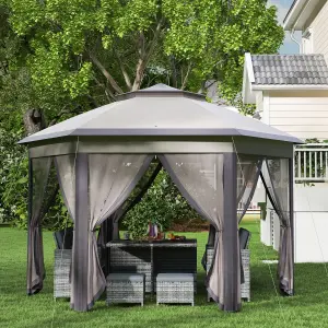 Outsunny 3x4m Hexagon Gazebo w/ Metal Frame Mesh Curtains Outdoor Garden, Beige